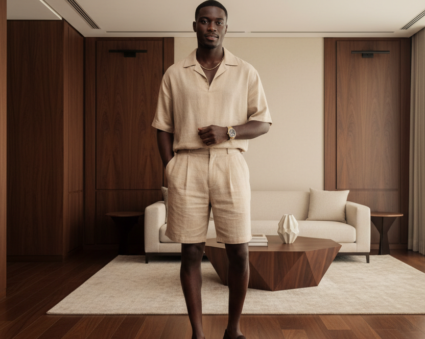 a-posh-black-man-wearing-a-two-piece-outfit-shorts-blouses-with-short-sleeve-in-a-beige-deep-wood-environment.png