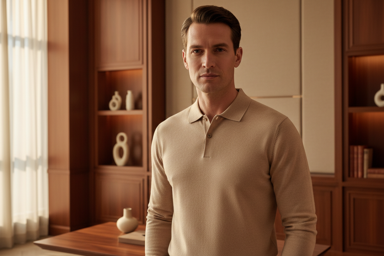 a-posh-men-wearing-a-longsleeve-polo-in-a-beige-deep-wood-environment-focus-on-the-polo-but-make-sure-the-face-of-the-model-is-also-on-it.png